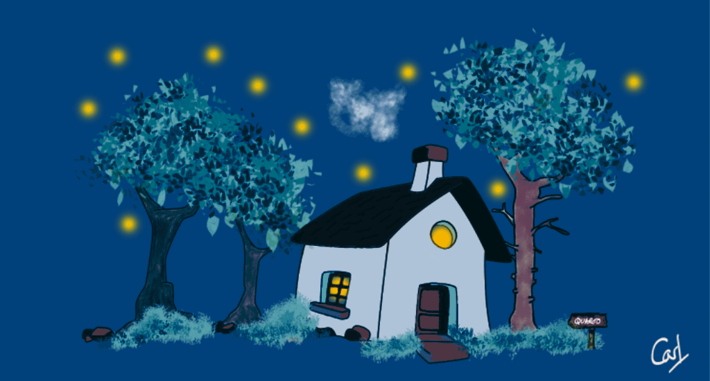 A small cottage nestled between trees with smoke billowing from the chminey, lights flickering through the windows and stars piercing the night sky