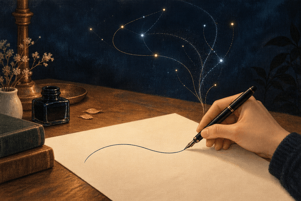 A human hand draws an ink line with a fountain pen while fine threads of light rise into a constellation above the page.