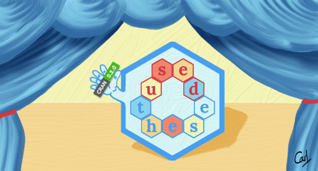 A hexagon standing on a blue-curtained stage holding up a CRAN badge. The hexagon contains 9 mini hexagons spelling usedthese.