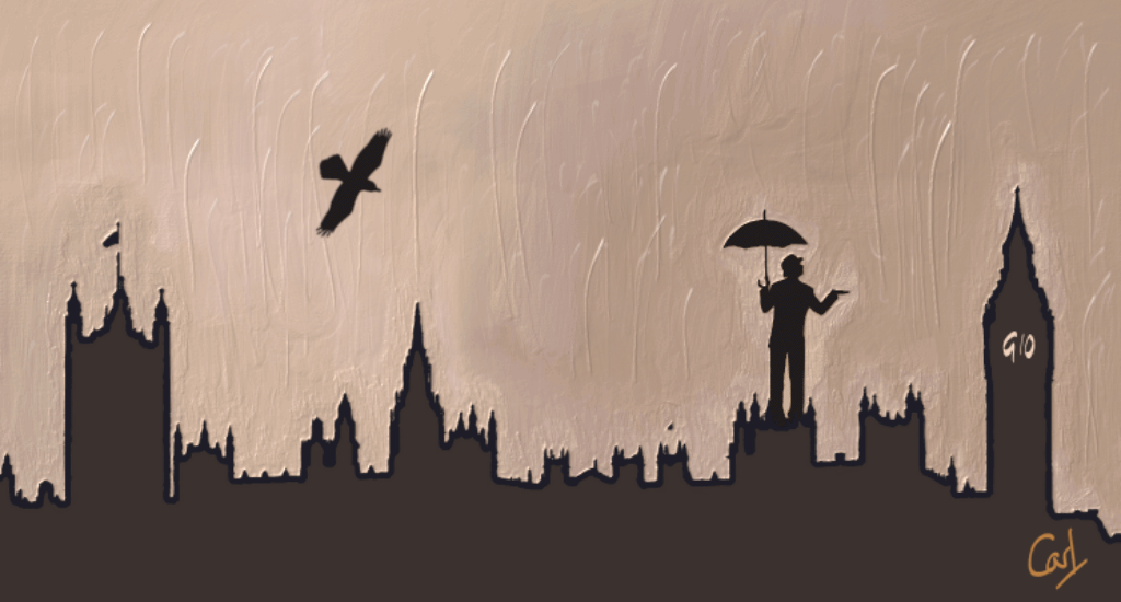 A silhouette of the Houses of Parliament with rain pouring down on a man holding an umbrella and a raven swooping across the sky