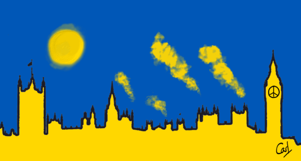 A silhouette of the Houses of Parliament in bright yellow below a blue sky. Smoke wafts into the sky from several points and the peace symbol takes the place of Big Ben's clock.