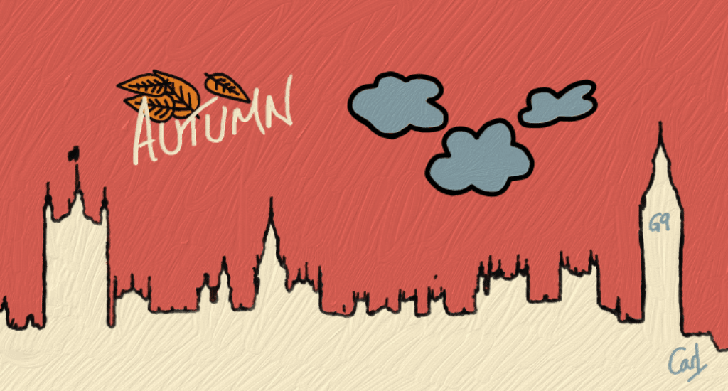 A silhouette of the Houses of Parliament with the text "G9" instead of Big Ben's clock. In the sky, three clouds jitter and leaves are swept by the wind across the word "Autumn".