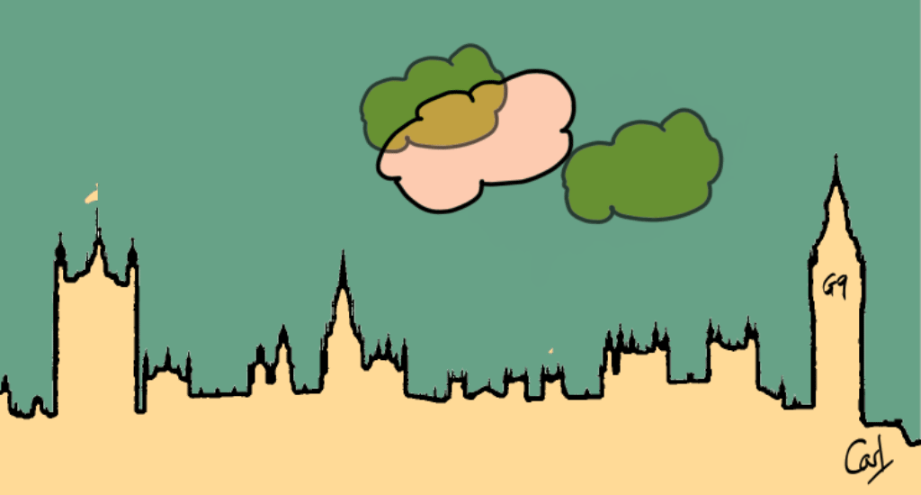 A silhouette of the Houses of Parliament with the text "G9" instead of Big Ben's clock. Three semi-transparent clouds move across the sky mimicing a Venn diagram.