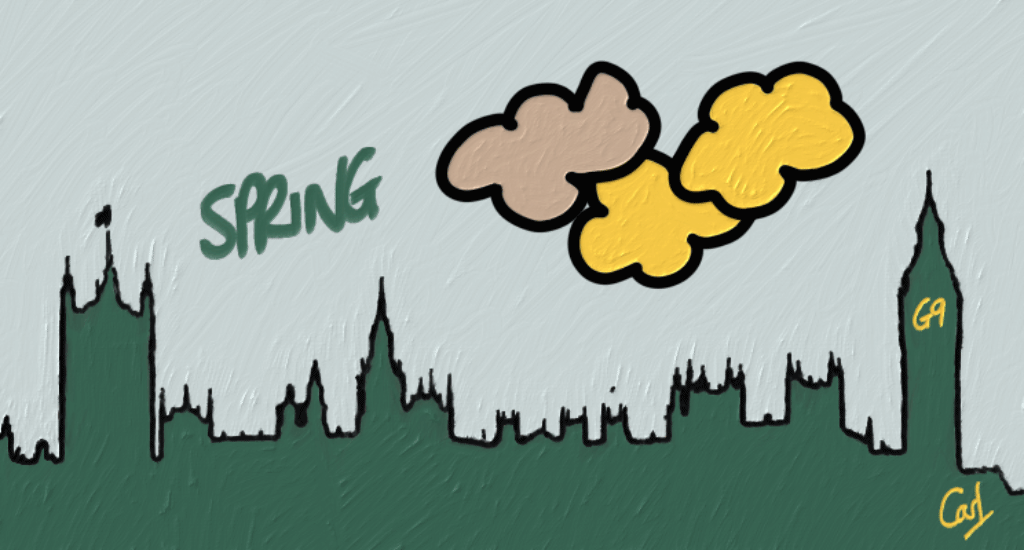 A silhouette of the Houses of Parliament and three clouds in Spring colours, e.g. yellow and green. Flowers shoot up from the word 