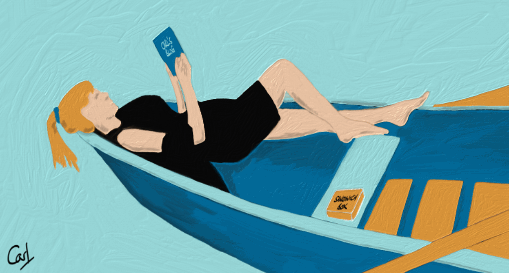 Young woman in a black dress, with a pony-tail moving in the gentle breeze, lies in a rowing boat in the middle of a still lake reading "Carl's Blog". A sandwich box sits nearby.