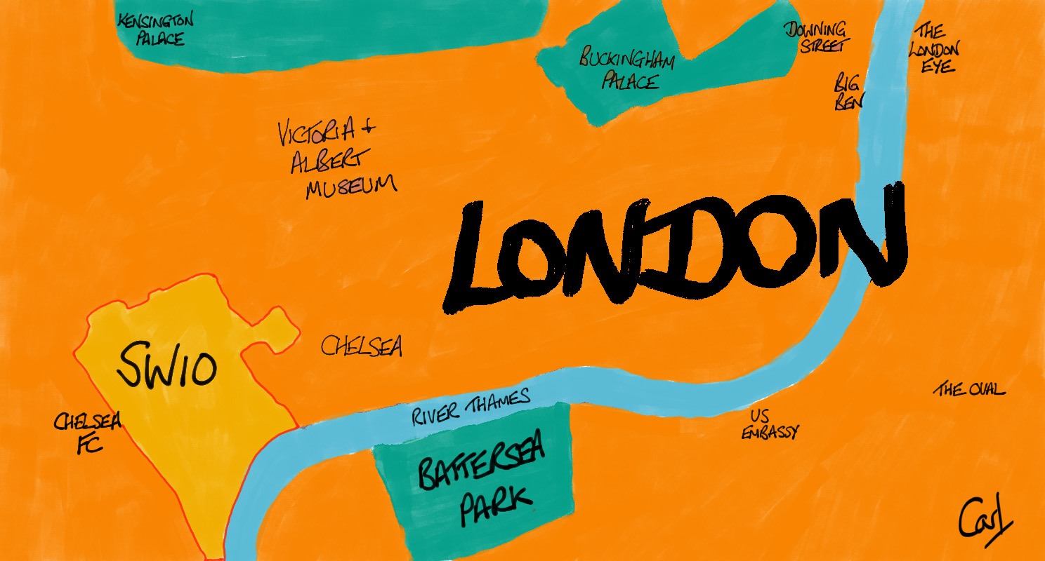 A painted map of part of central London including the border of SW10 sited next to Chelsea FC