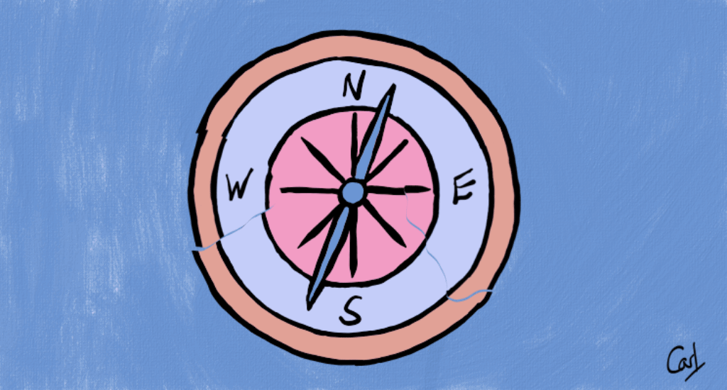 The enlarged face of a compass with West and East breaking off and repeatedly drifting away and drifting back