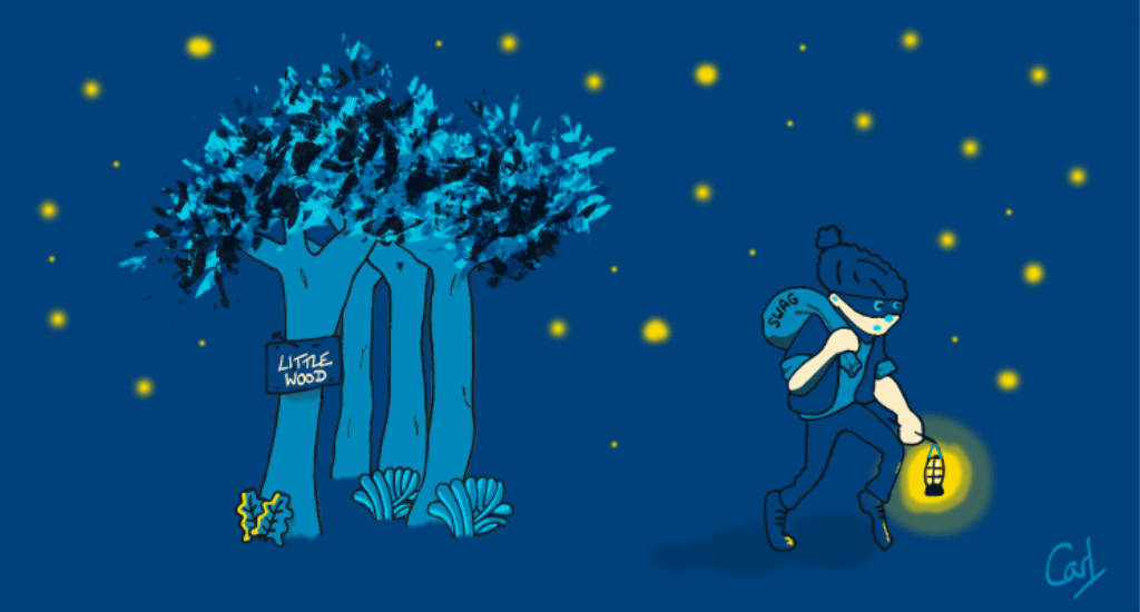 A small clump of trees with a "Little Wood" sign nailed to one of them. It's a dark starry night and a rabbit peers out at a thief tip-toeing away.